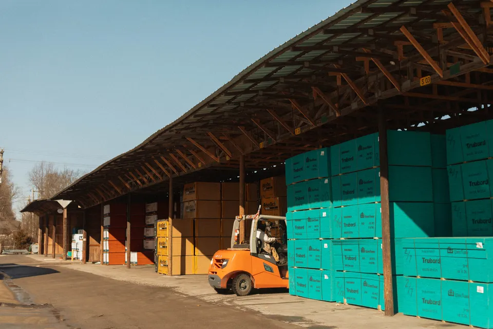 Stacks of construction sheathing ready for delivery
